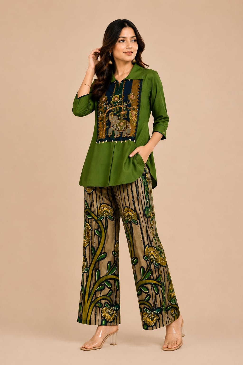 Olive Green Embroidered Coord Set with Printed Palazzo