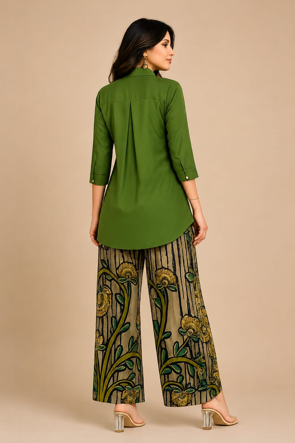 Olive Green Embroidered Coord Set with Printed Palazzo