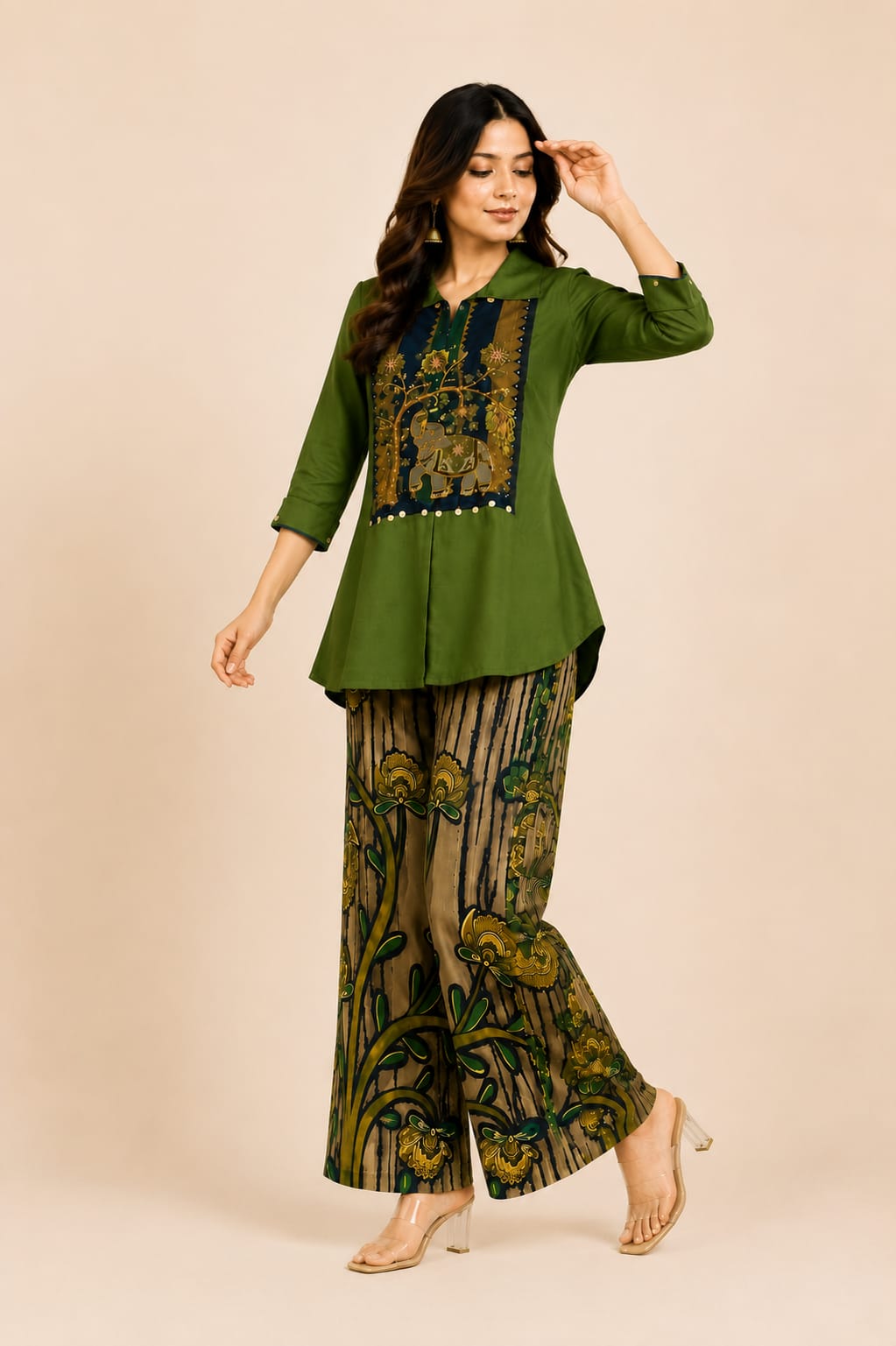 Olive Green Embroidered Coord Set with Printed Palazzo