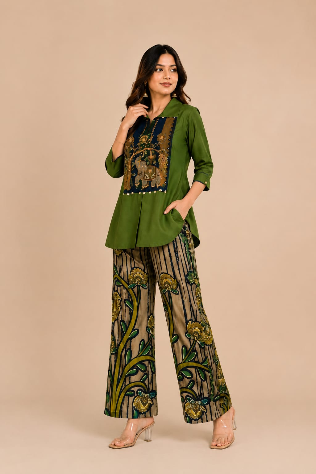 Olive Green Embroidered Coord Set with Printed Palazzo