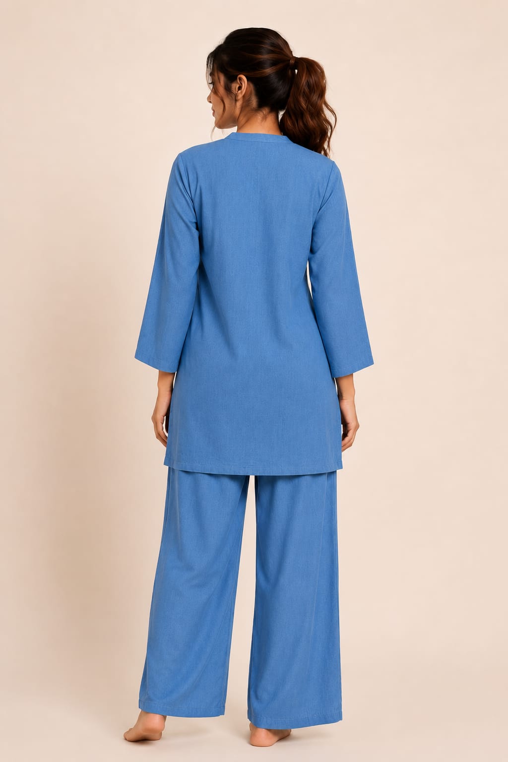 Casual Denim Coord Set – Mandarin Collar