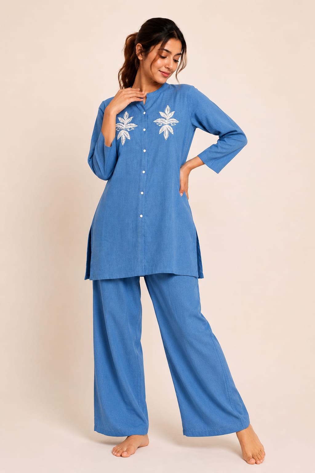 Casual Denim Coord Set – Mandarin Collar
