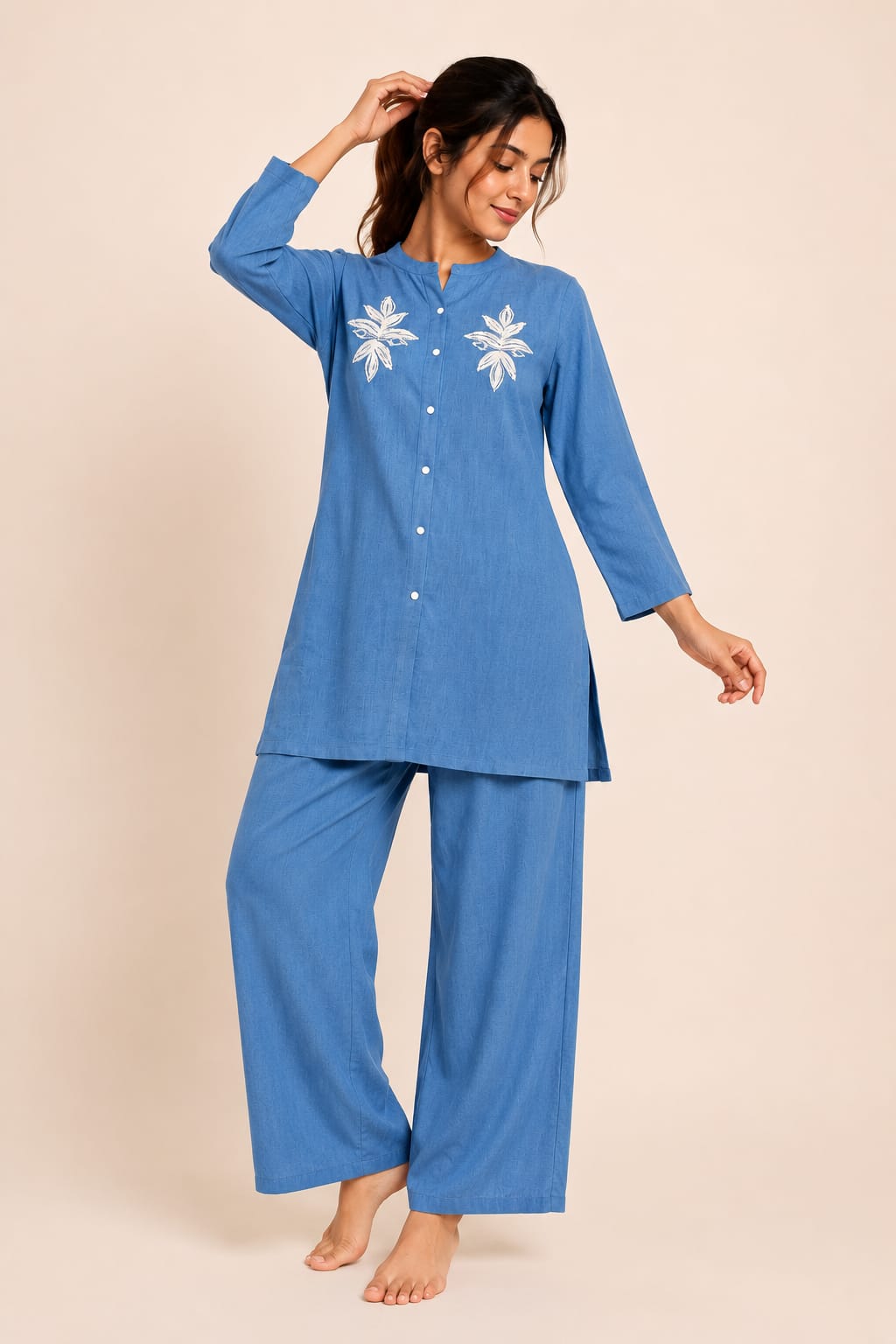 Casual Denim Coord Set – Mandarin Collar