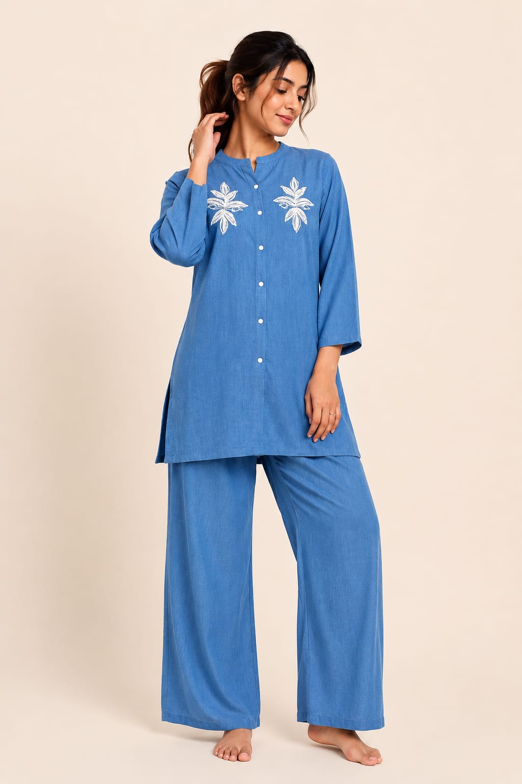 Casual Denim Coord Set – Mandarin Collar