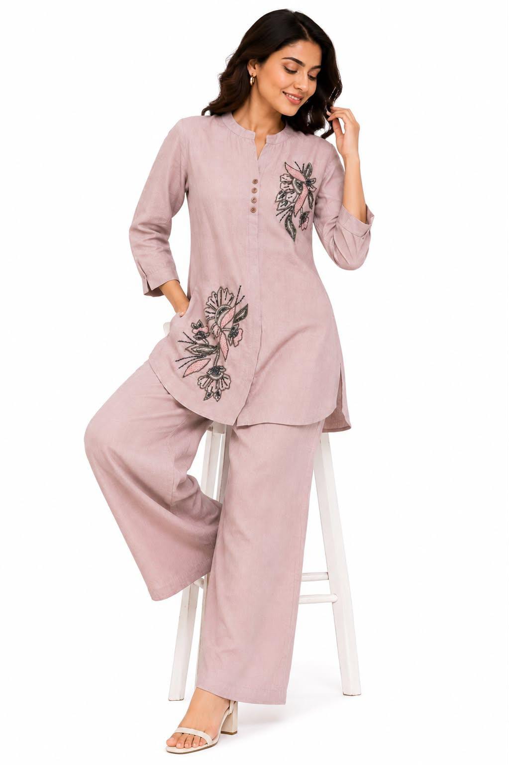 Women's Dusty Pink Embroidered Coord Set