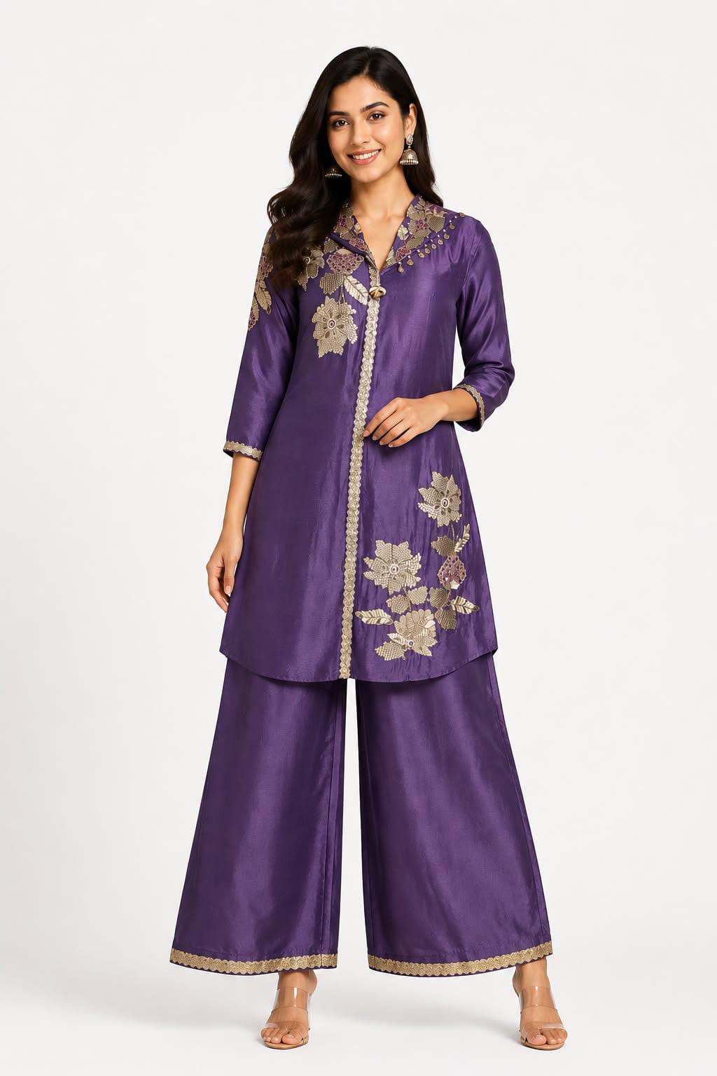 Women's Purple Premium Embroidered Coord Set