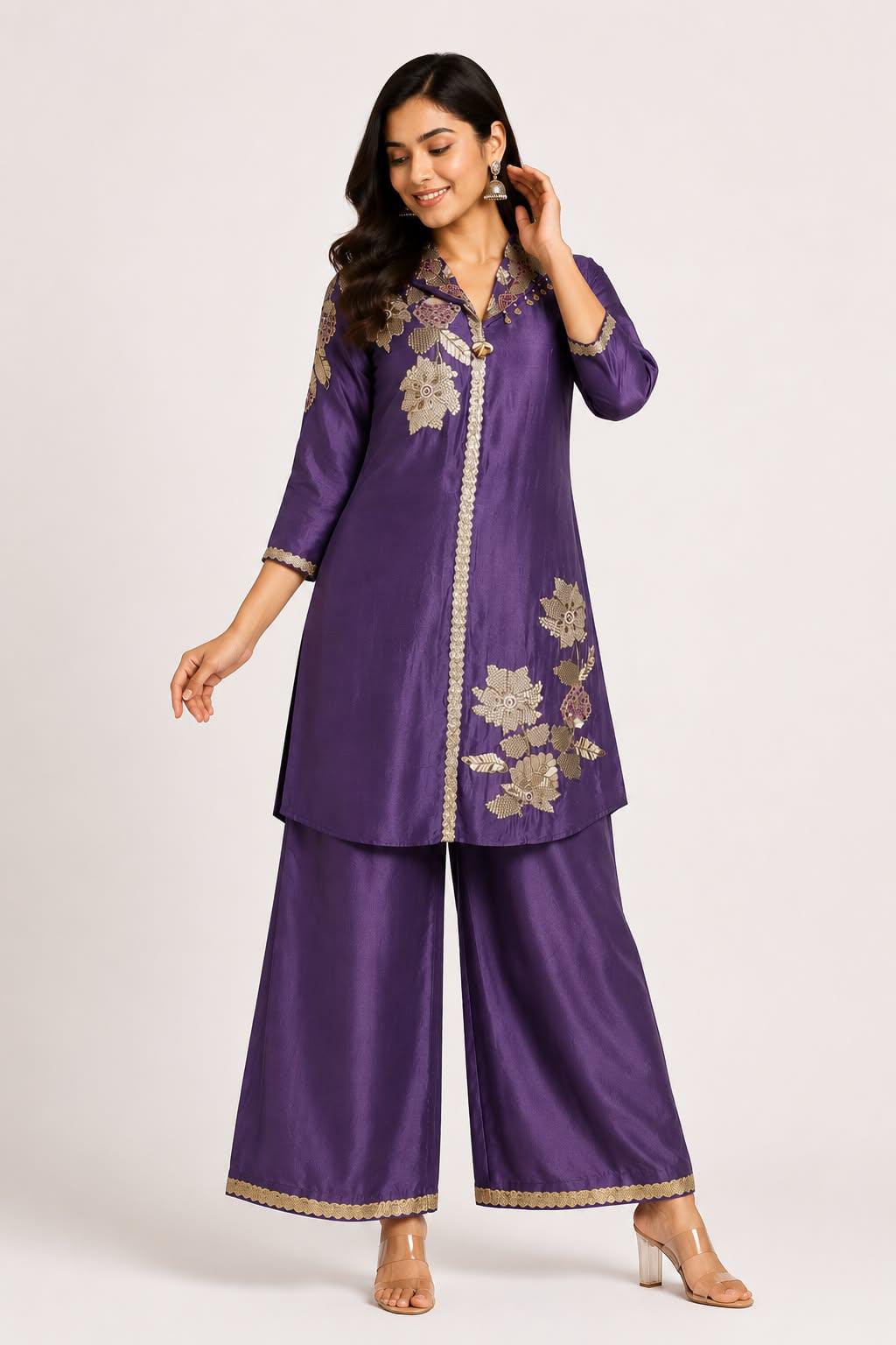 Women's Purple Premium Embroidered Coord Set