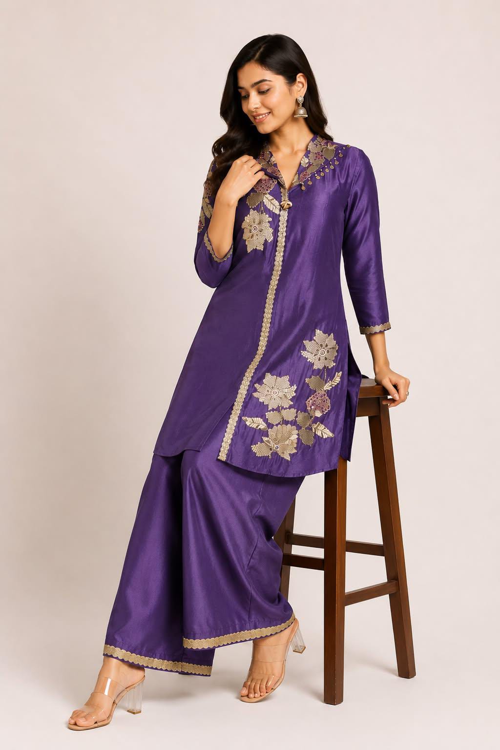 Women's Purple Premium Embroidered Coord Set