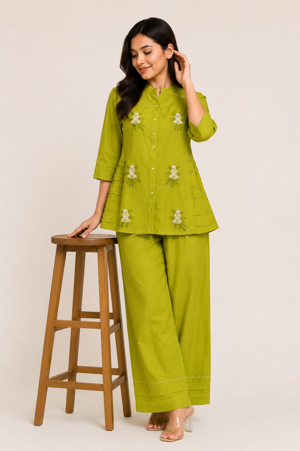 Women's Lime Green Embroidered Coord Set