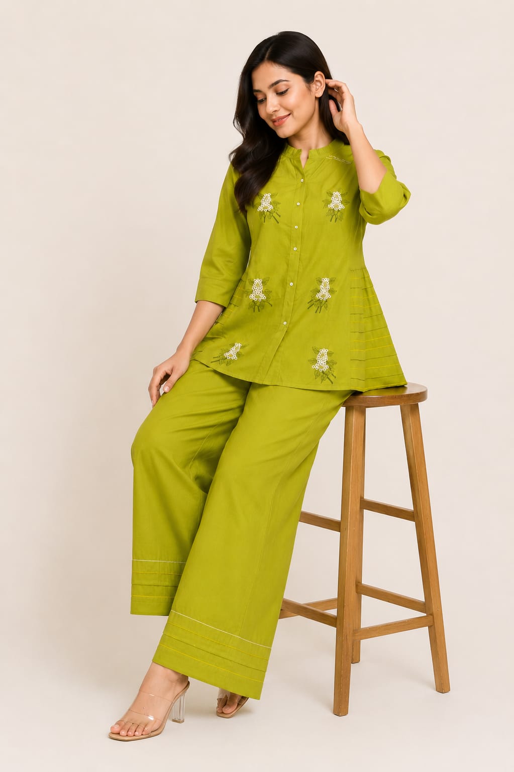 Women's Lime Green Embroidered Coord Set