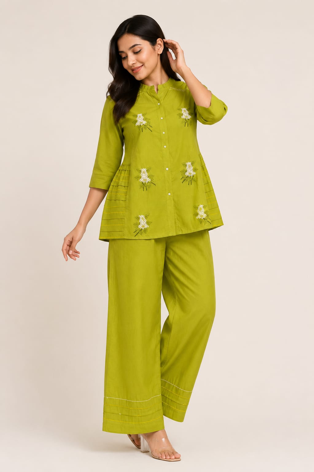Women's Lime Green Embroidered Coord Set