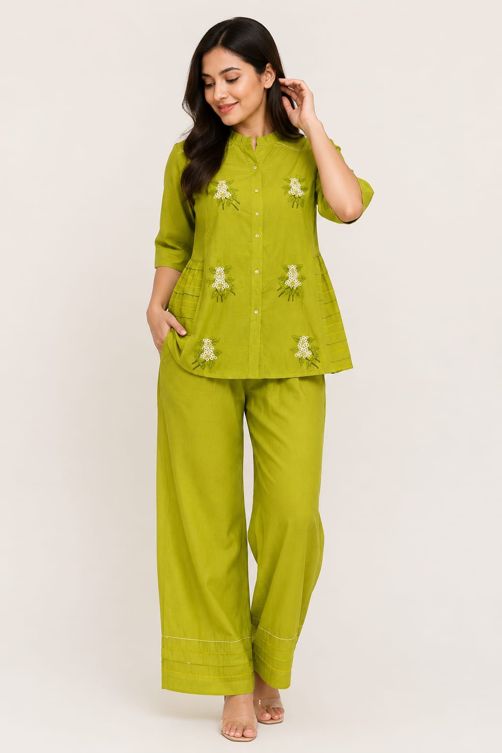 Women's Lime Green Embroidered Coord Set