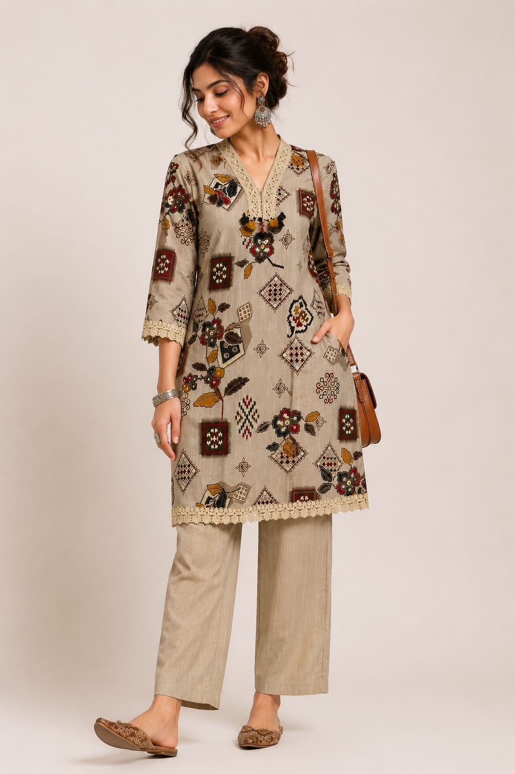 Women's Beige Batik Print Coord Set