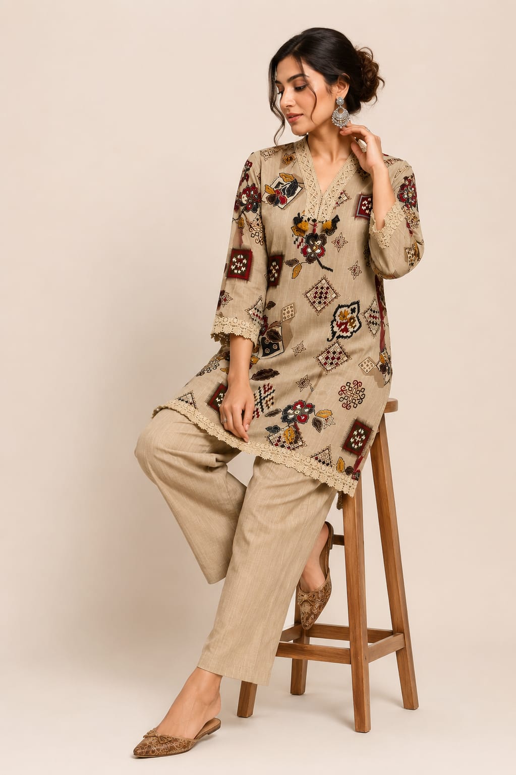 Women's Beige Batik Print Coord Set