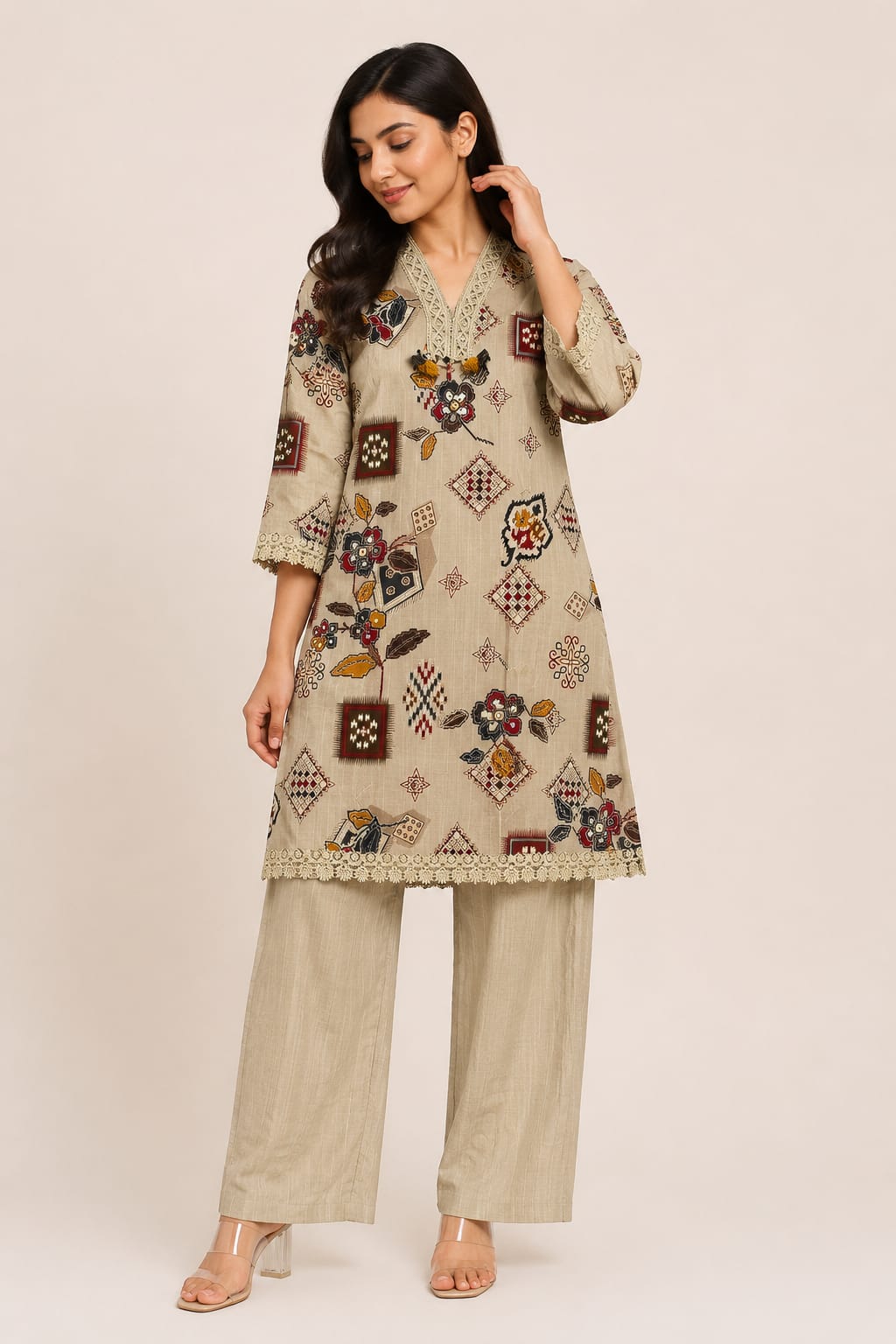 Women's Beige Batik Print Coord Set