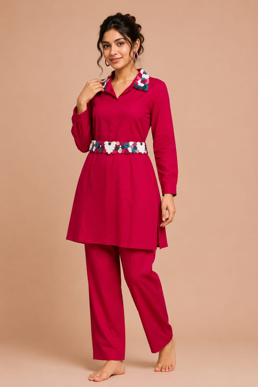 Women's Pink Floral Embroidered Collar & Pant Co-ord Set