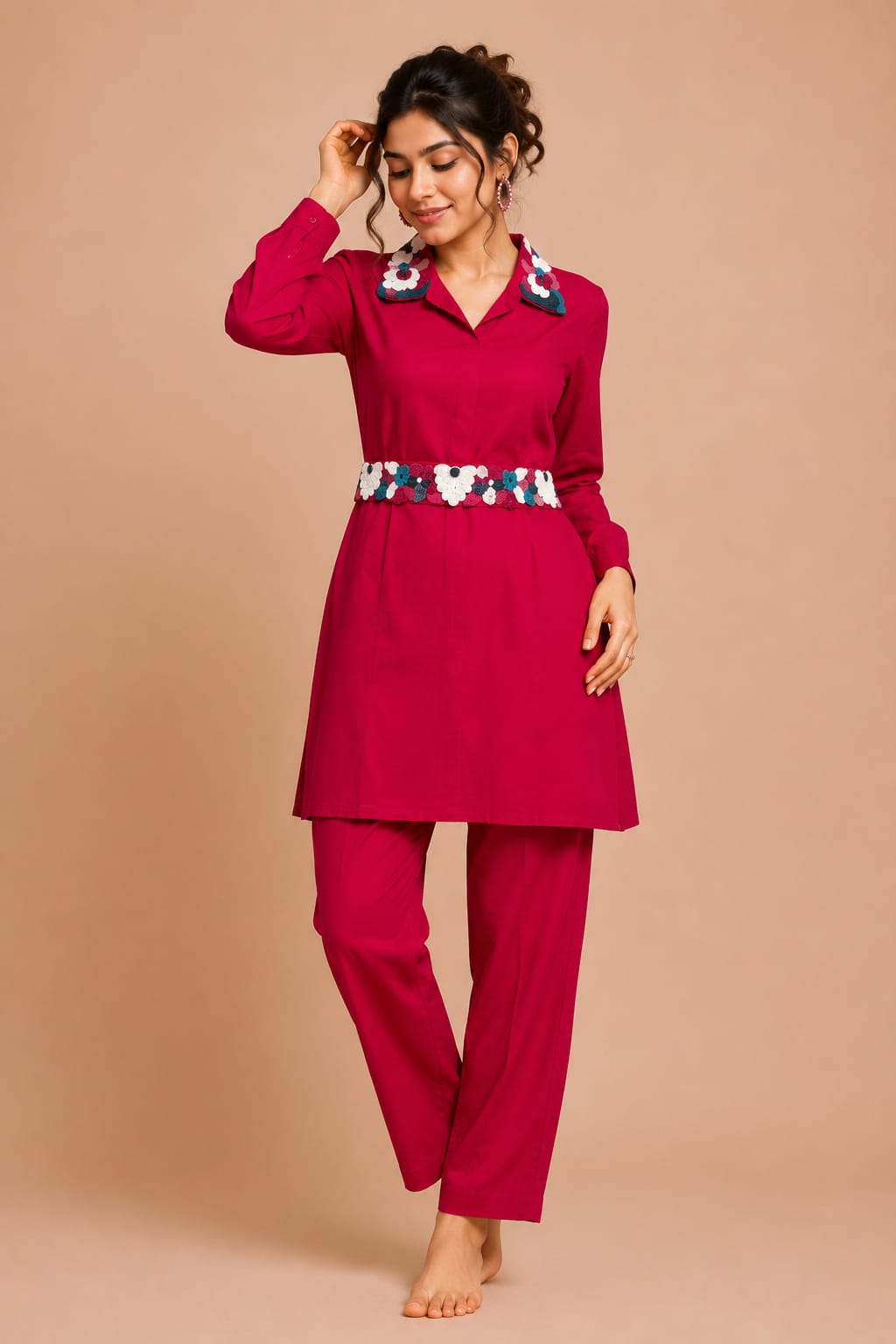 Women's Pink Floral Embroidered Collar & Pant Co-ord Set