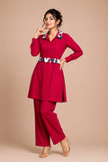 Women's Pink Floral Embroidered Collar & Pant Co-ord Set