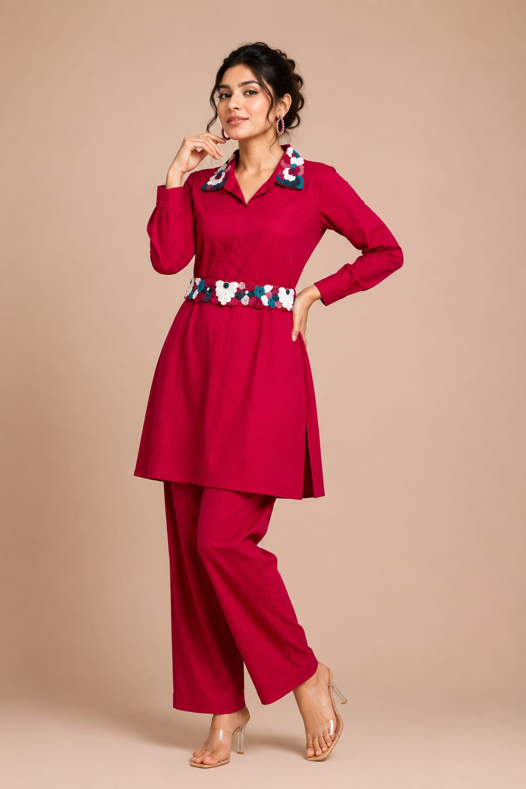 Women's Pink Floral Embroidered Collar & Pant Co-ord Set