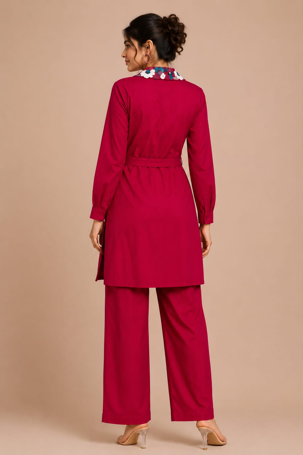 Women's Pink Floral Embroidered Collar & Pant Co-ord Set