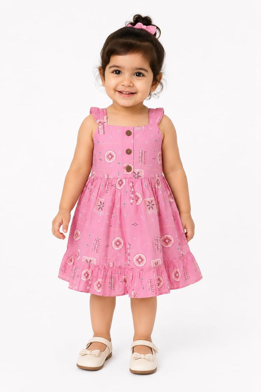 Girls' Pink Printed Sleeveless Fit & Flare Cotton Frock