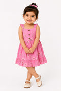 Girls' Pink Printed Sleeveless Fit & Flare Cotton Frock
