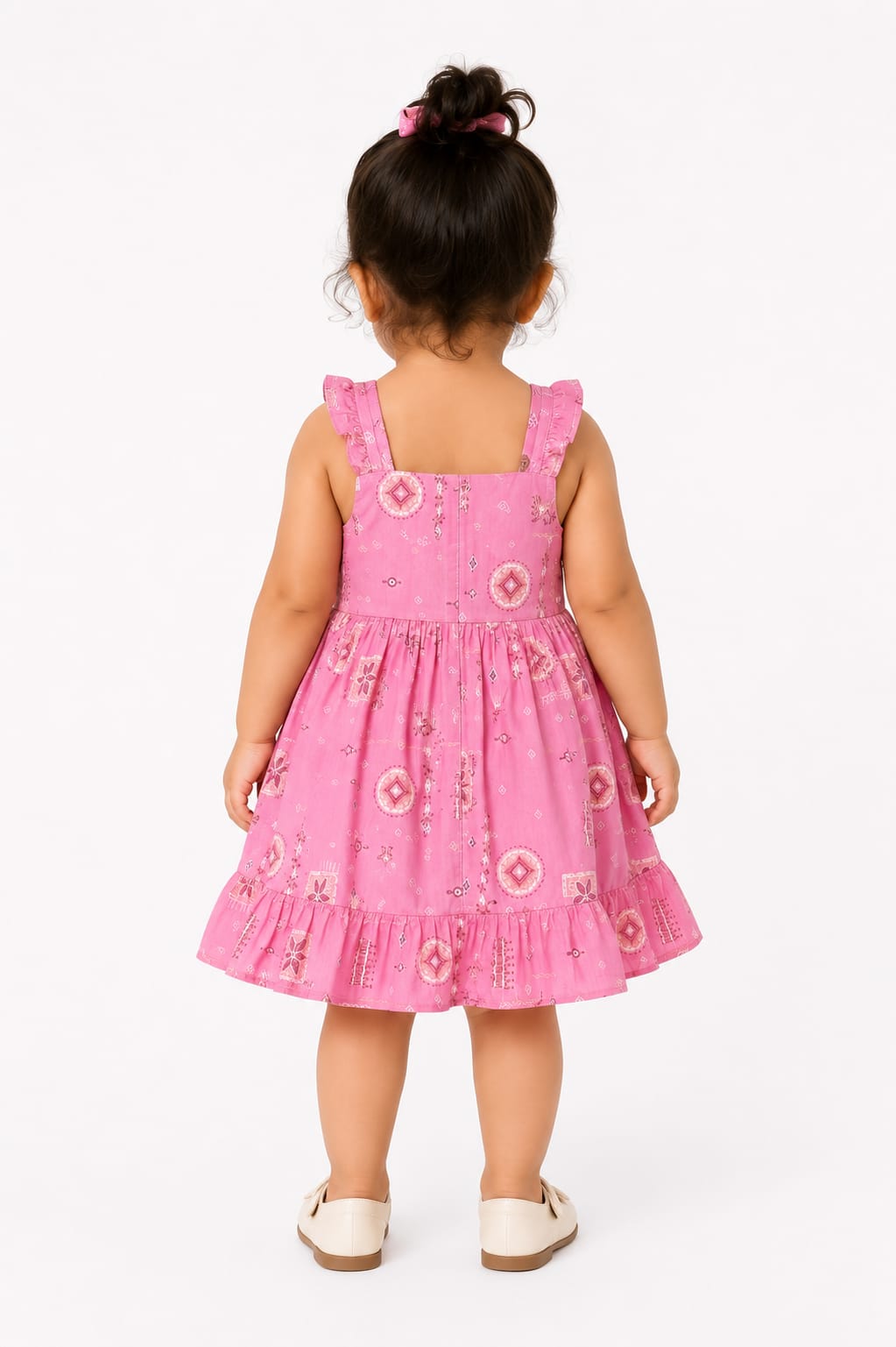 Girls' Pink Printed Sleeveless Fit & Flare Cotton Frock