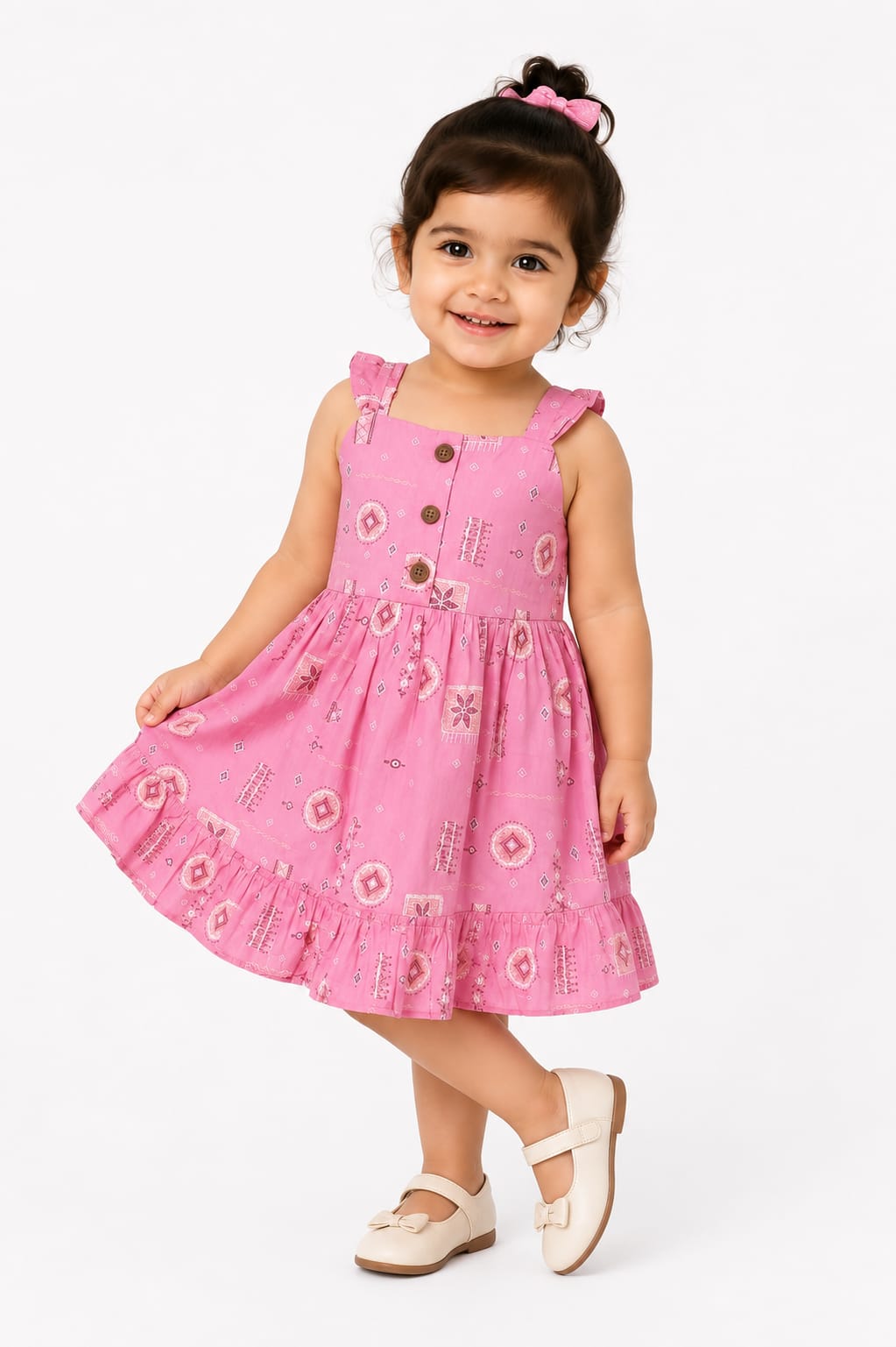 Girls' Pink Printed Sleeveless Fit & Flare Cotton Frock