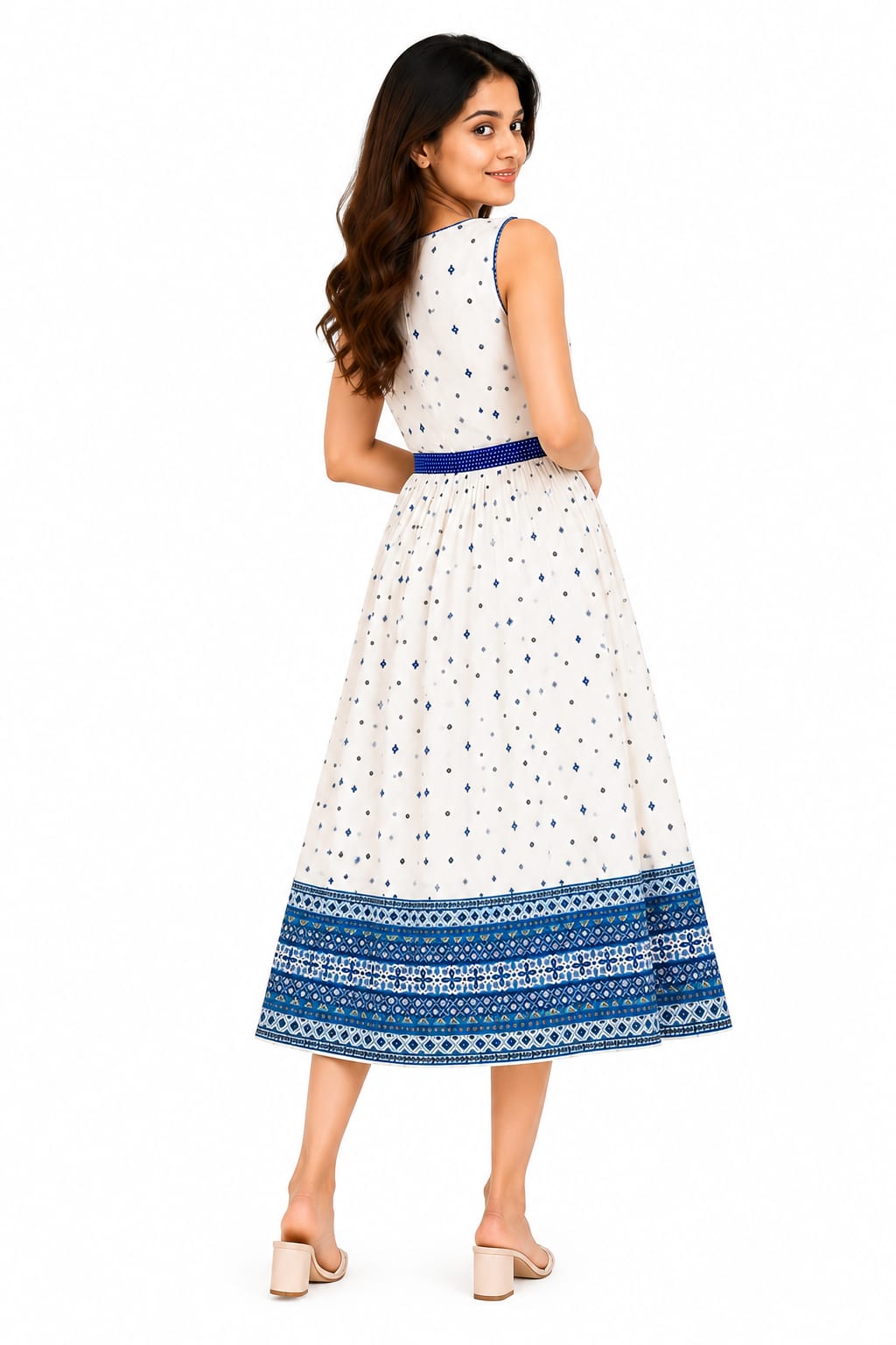 Girls' Blue & White Flared Midi Frock