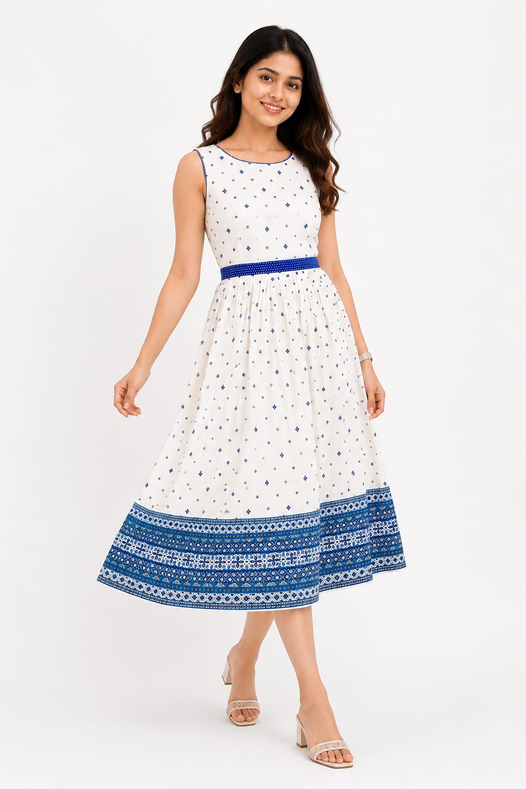 Girls' Blue & White Flared Midi Frock
