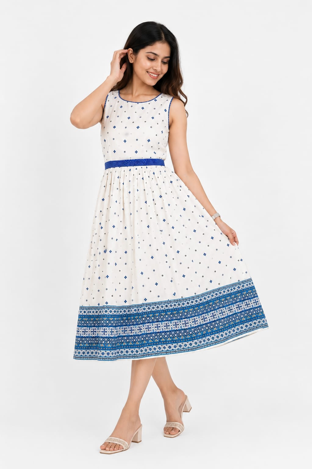 Girls' Blue & White Flared Midi Frock