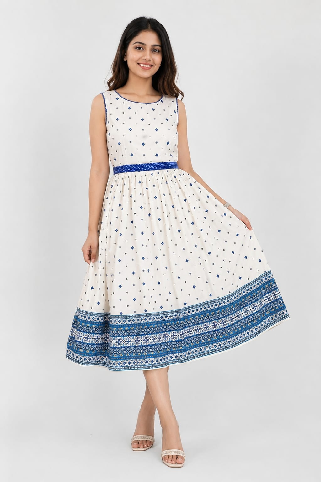 Girls' Blue & White Flared Midi Frock