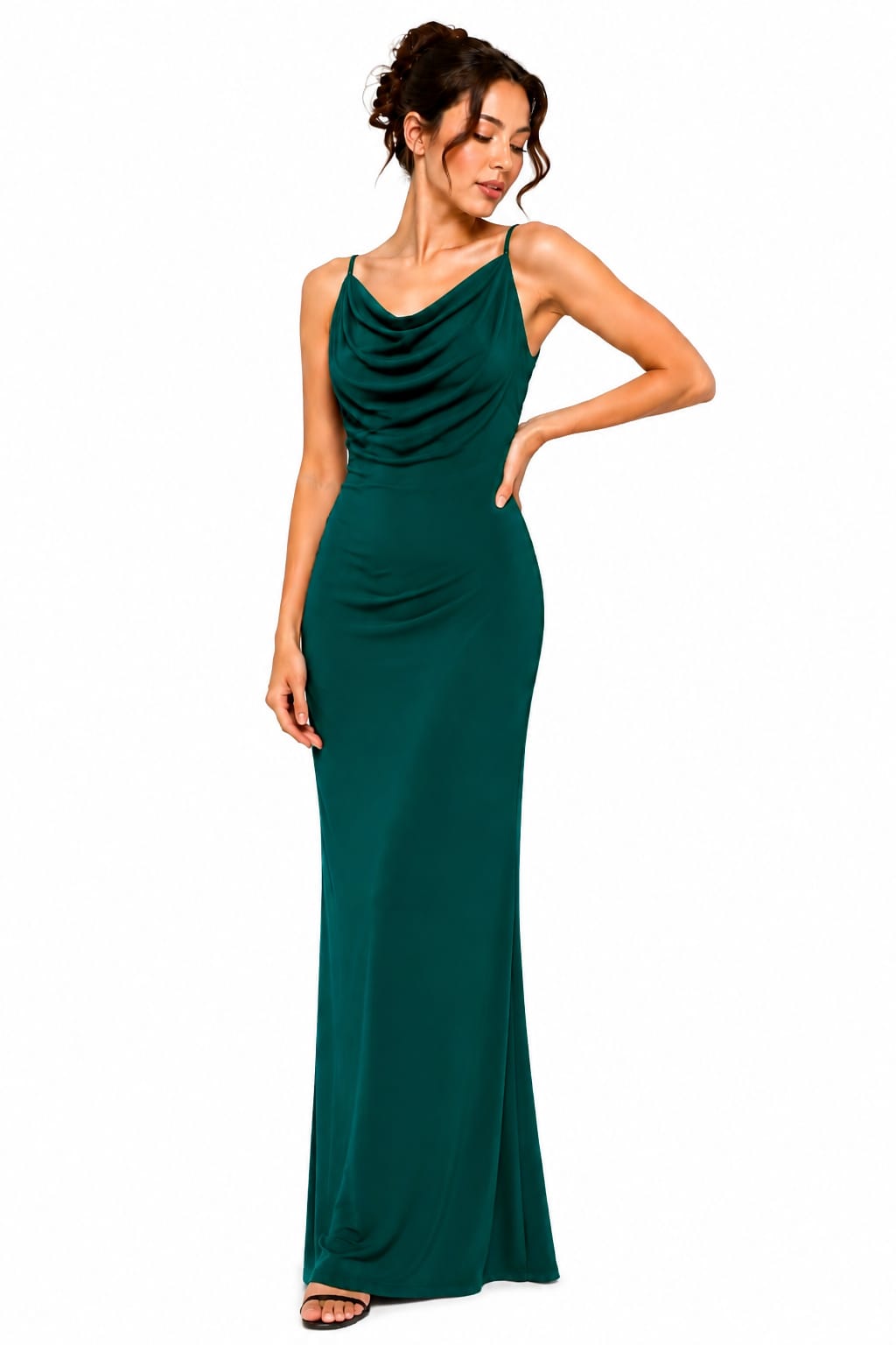 Women's Green Ruched Cowl Neck Dress