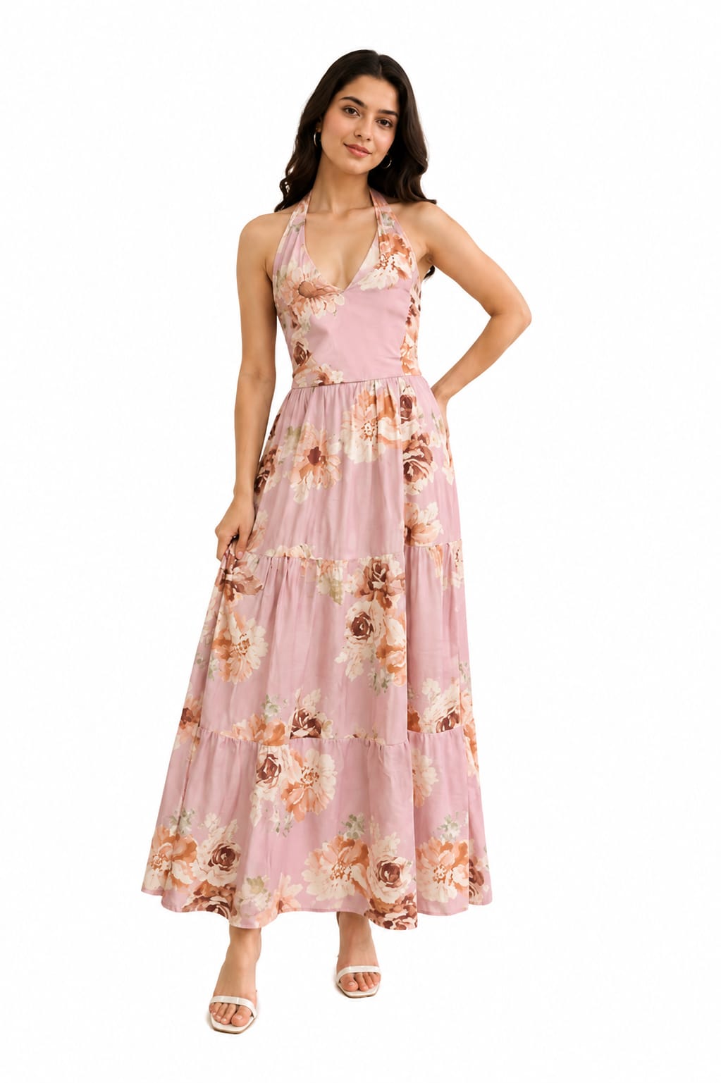 Women's Pink Floral Halter Neck Dress