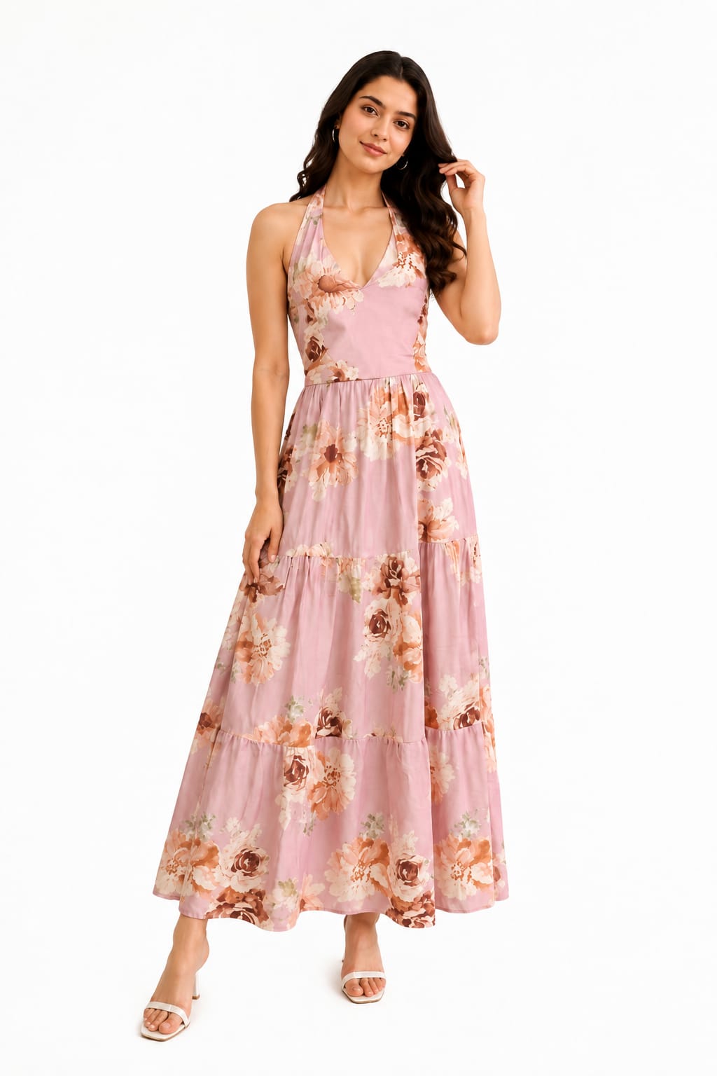 Women's Pink Floral Halter Neck Dress