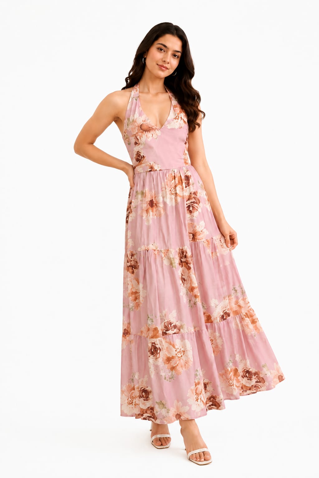 Women's Pink Floral Halter Neck Dress