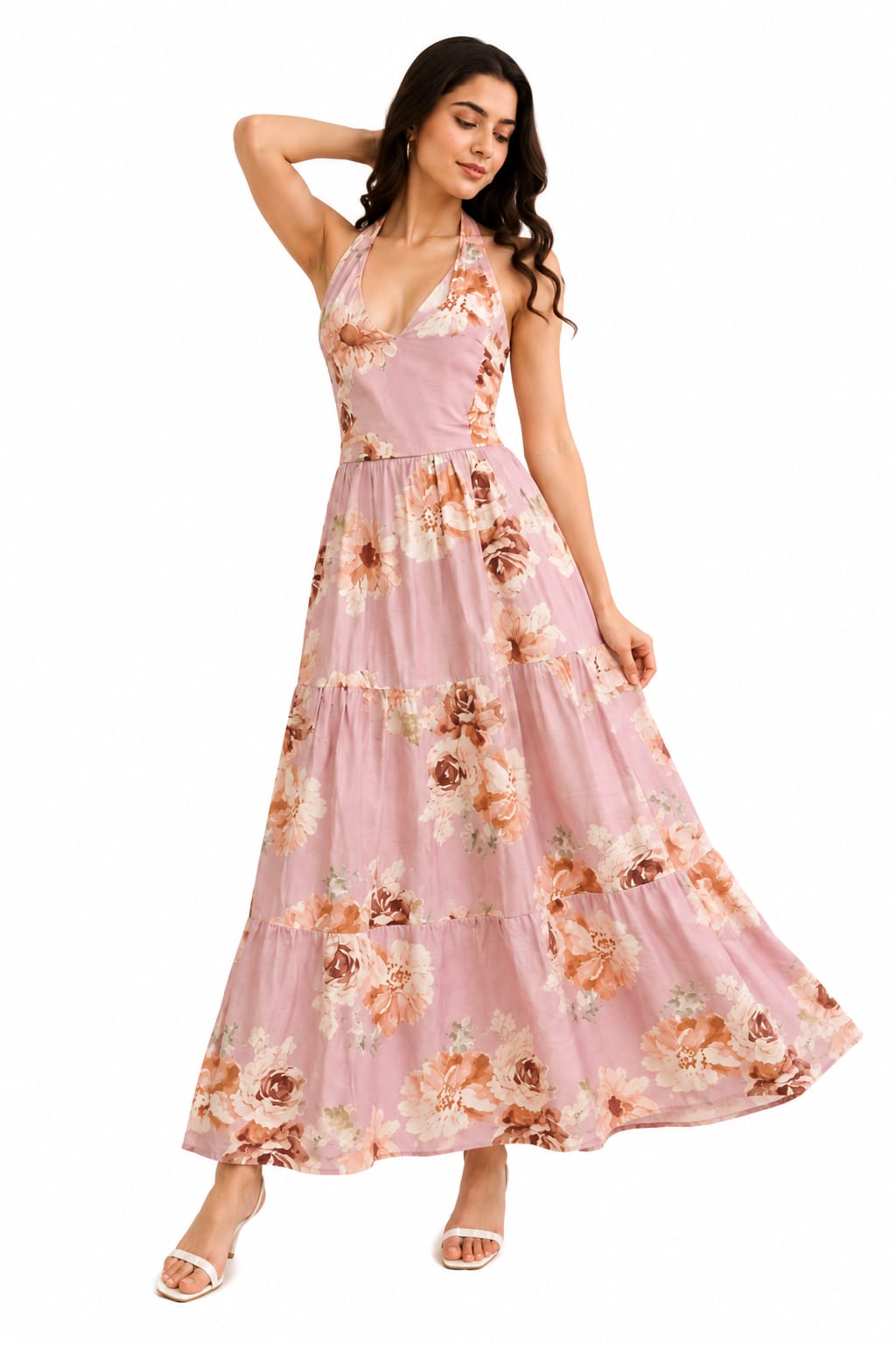 Women's Pink Floral Halter Neck Dress